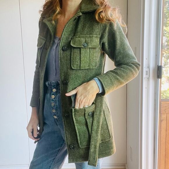 Vintage Wool Military Style Womens Olive Green Coat SZ XS Belted Gopcore Utility - Picture 5 of 11